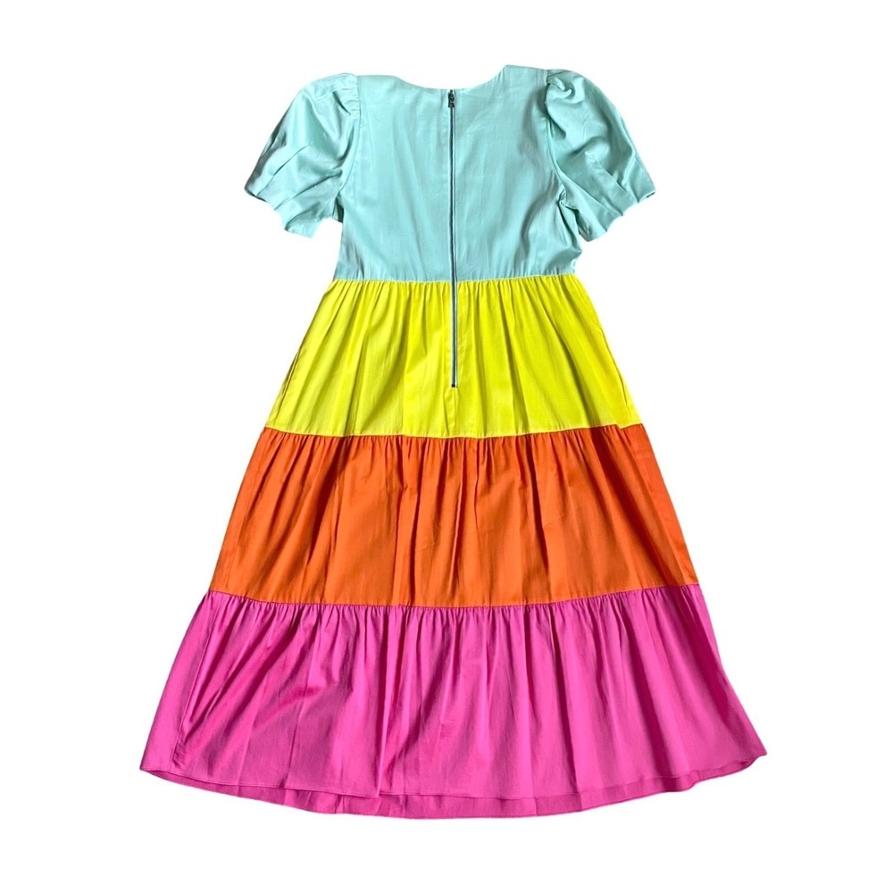 NEW ALICE + OLIVIA Linnie Tiered Rainbow Puff‎ Sleeve Poplin Midi Dress Size 8 - Picture 4 of 9